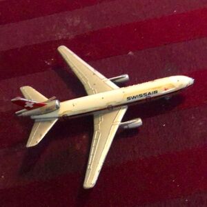 Swiss Air DC 10 Douglas air plane mini model  4” circa 1960, Hong Kong made